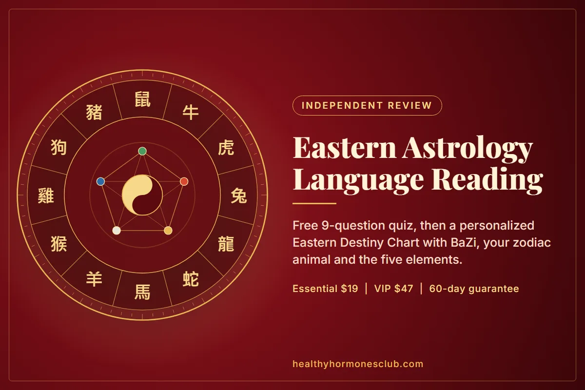 Independent review graphic for the Eastern Astrology Language Reading: a red and gold chart wheel with the twelve zodiac animal characters, a yin and yang symbol and the five elements